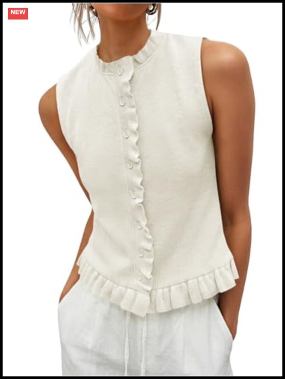 Womens Sleeveless Ribbed Knit Sweater Vest Button Down Ruffle Tank Top